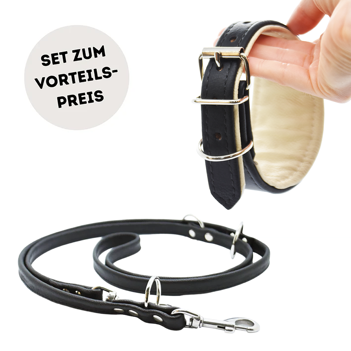 Set Windhund | Breites Lederhalsband und Rundlederleine