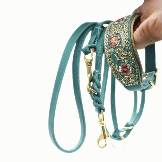 SARI FLORA PETROL Set | Windhundhalsband & geflochtene Fettlederleine