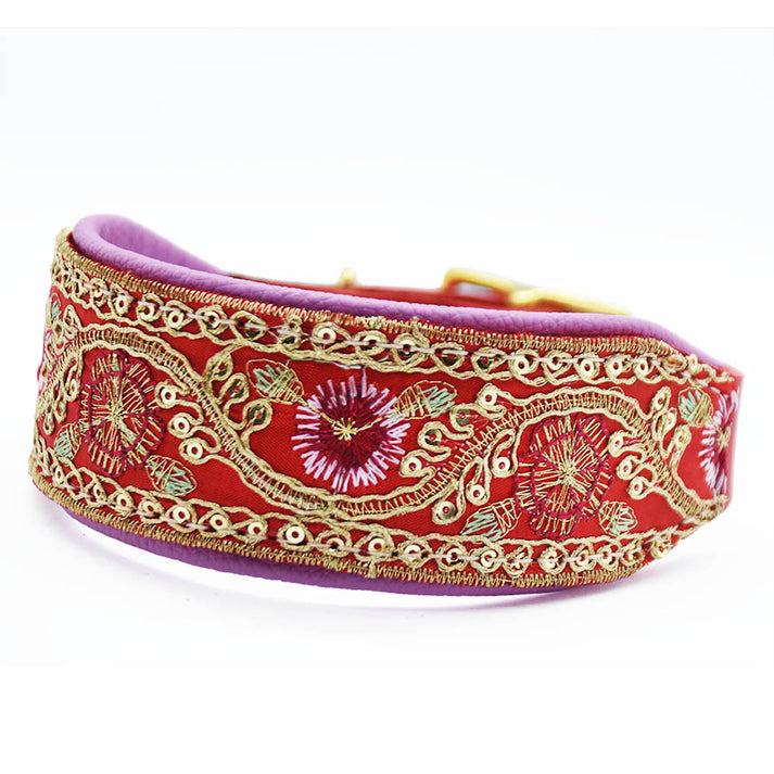 SARI FLORA Windhundhalsband aus Leder mit edler Sari Borte
