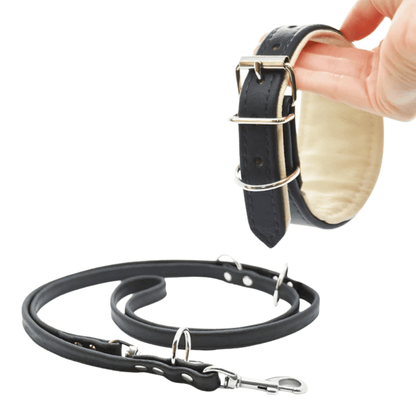 Set Windhund | Breites Lederhalsband und Rundlederleine