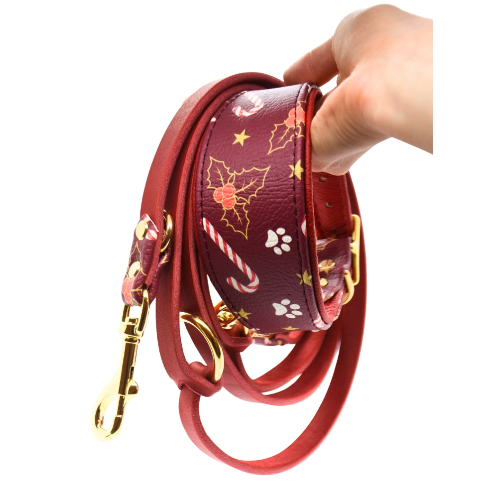 Christmas Edition 2025 Windhundhalsband und Fettlederleine im Set, weinrot und gold, festliche Accessoires für Hunde