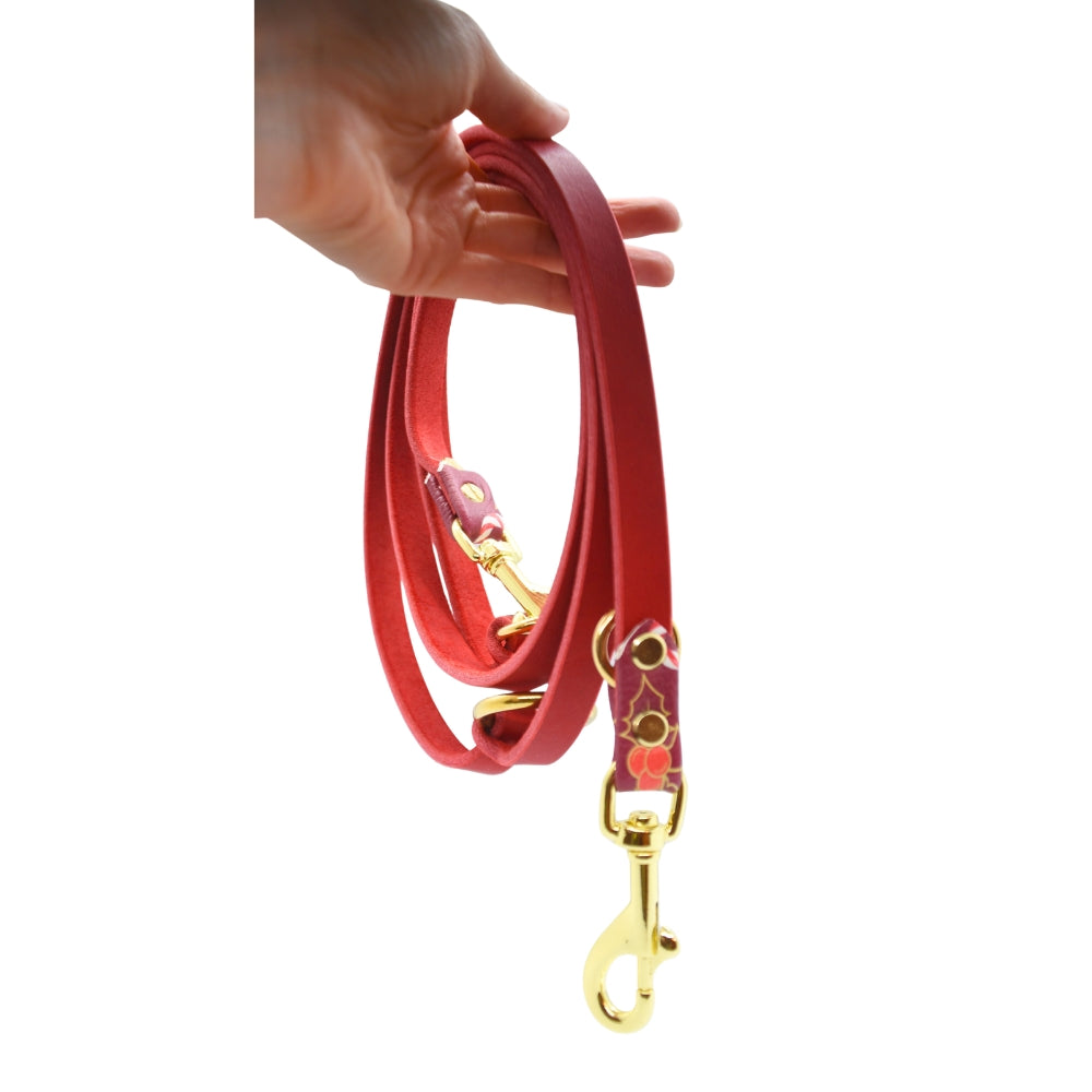 Fettlederleine 2 Meter mit Weihnachtsleder-Adaptern, goldfarbene Beschläge, verstellbar, Christmas Edition