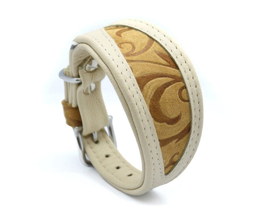 Luxuriöses Desert Sand Windhundhalsband aus cremefarbenem Bio-Nappaleder mit Wildleder-Inlay