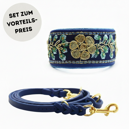 Edles Windundhalsband Set mit gepolstertem Sari Halsband und Fettlederleine