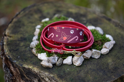 Weihnachtsedition Windhundhalsband 2025 in Weinrot, inklusive passender roter Lederleine
