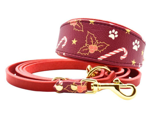 Christmas Edition 2025 Set – Windhundhalsband und Fettlederleine aus festlichem, selbst designtem Weihnachtsleder, Handgefertigt