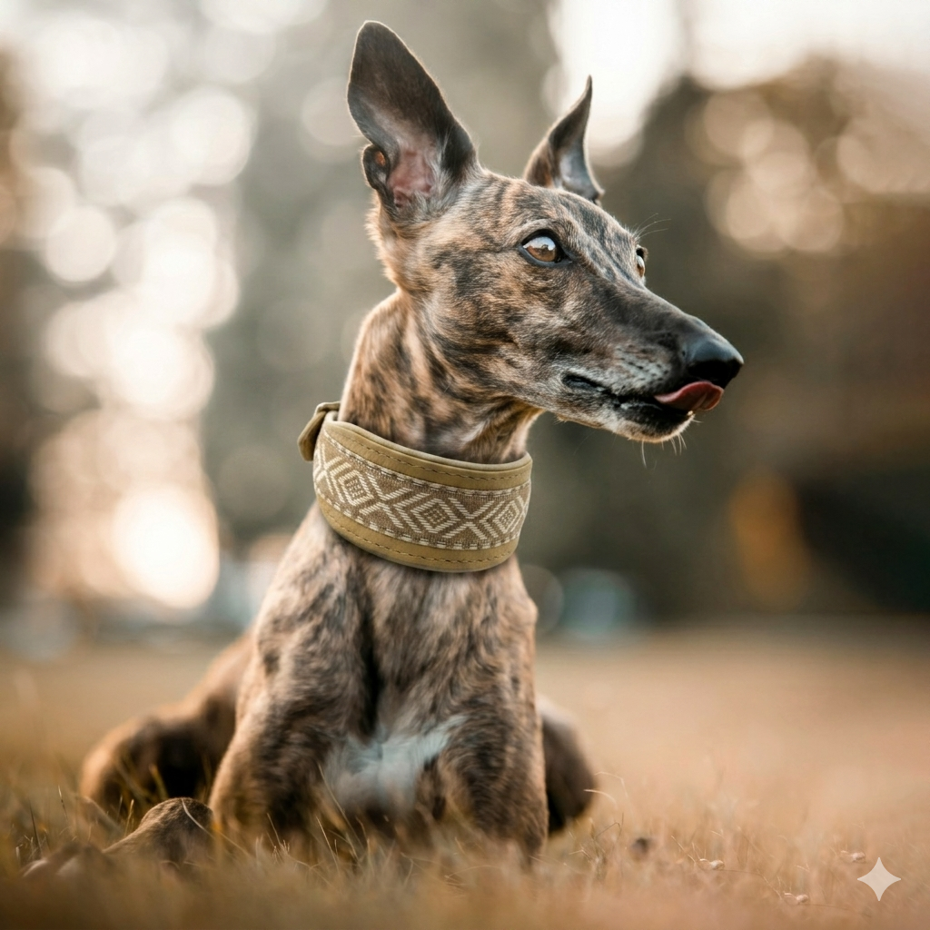 Windhund mit HAVANNA Lederhalsband