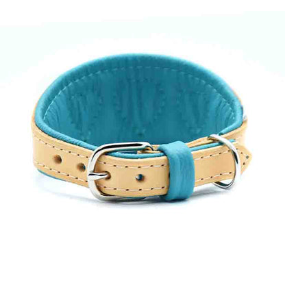 Handgefertigtes „I HEART YOU“ Windhundhalsband mit Herz-Ausstanzungen und weichem Nappaleder in Türkis – elegantes Design mit Komfort.